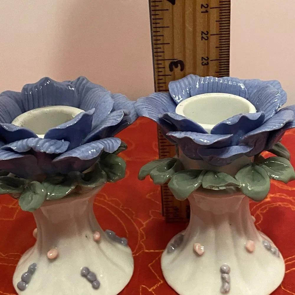 Lot of 2 VTG Blue Rose Porcelain Candlestick Holders One Perfect, One Lil Damage